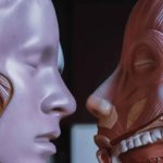 Two anatomical skeletons facing each other