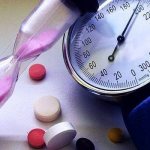 Tonometer, pills and hourglass